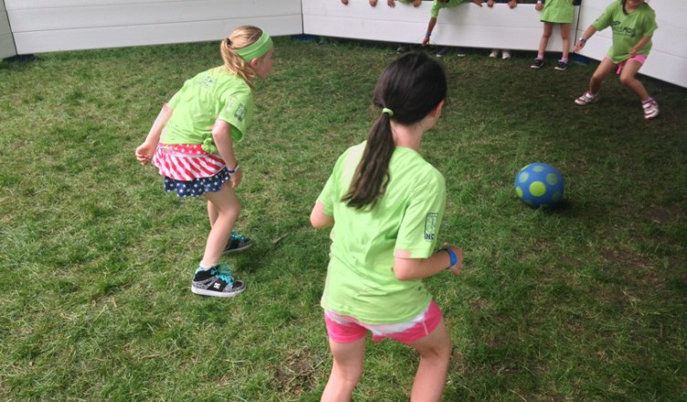 Race to the ball in a game of gaga ball.